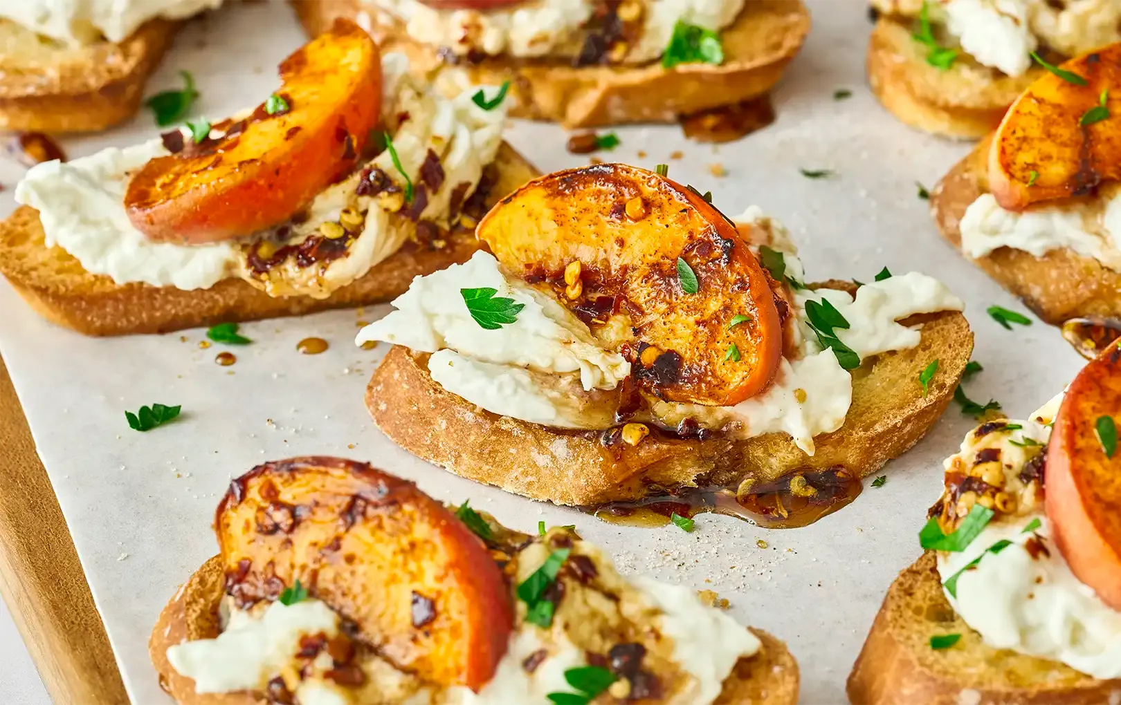 Grilled Peach and Burrata Crostini