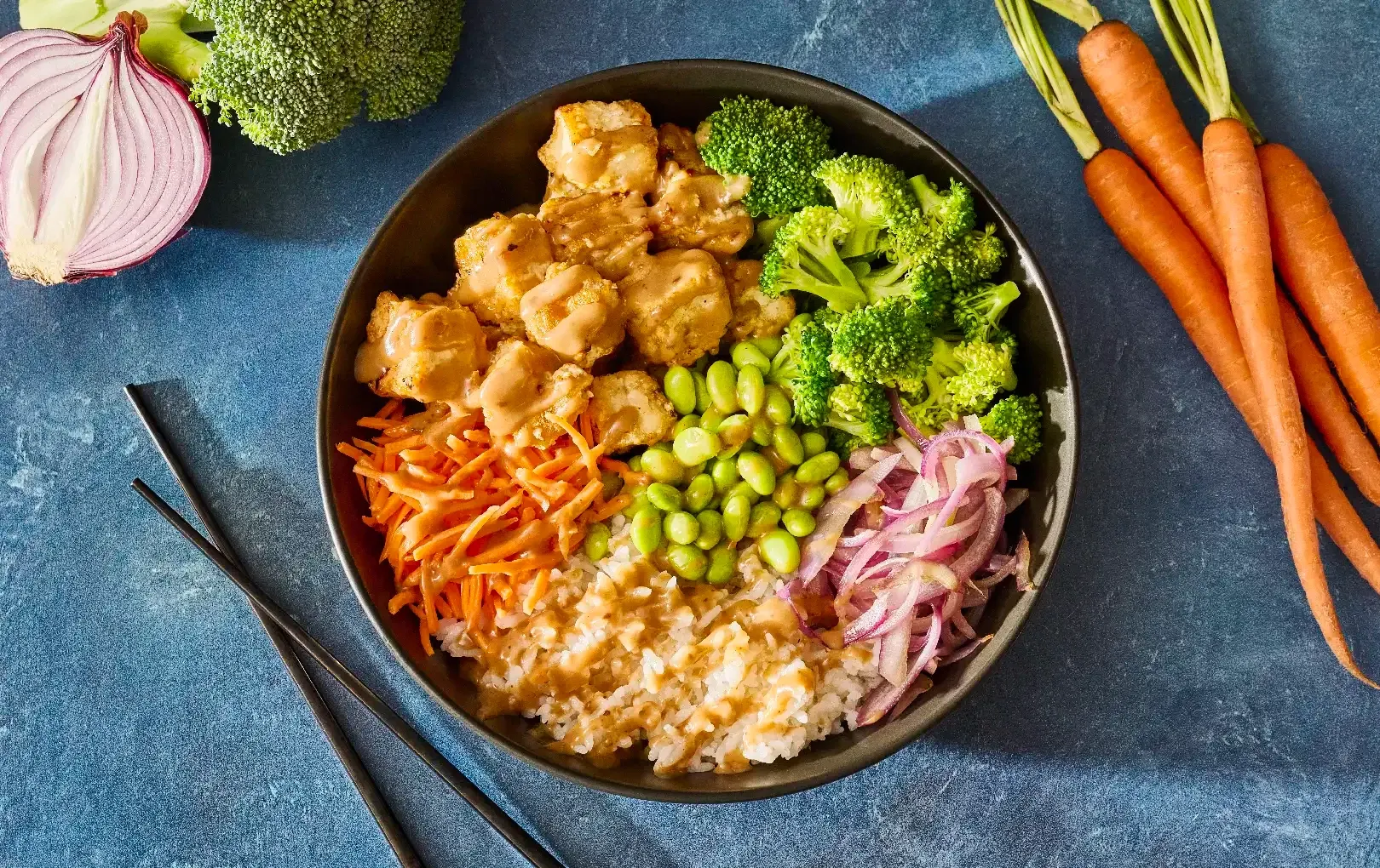 Tofu Rice Bowl with Creamy Sesame Drizzle