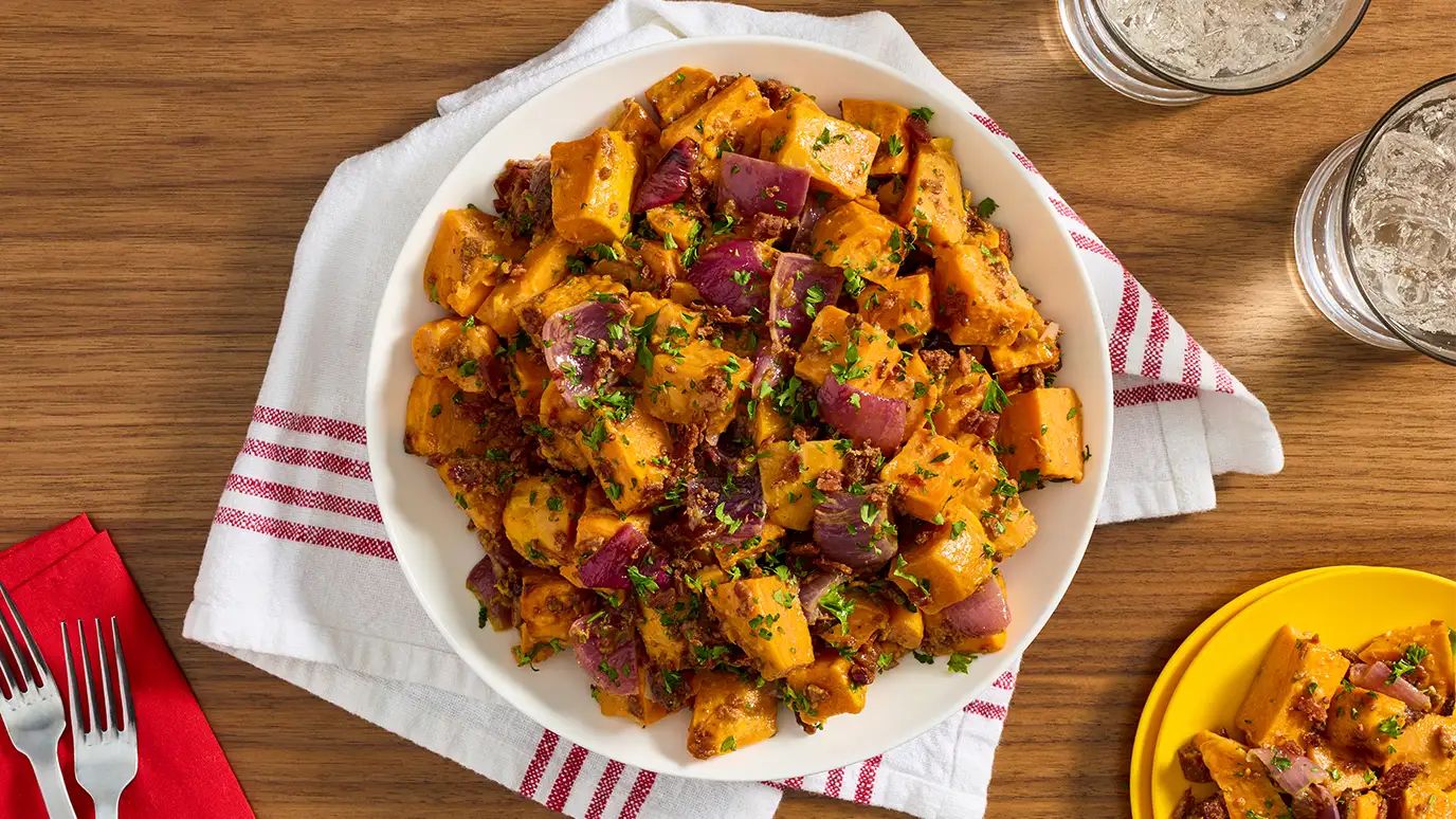 Hot Honey Mustard Roasted Sweet Potatoes