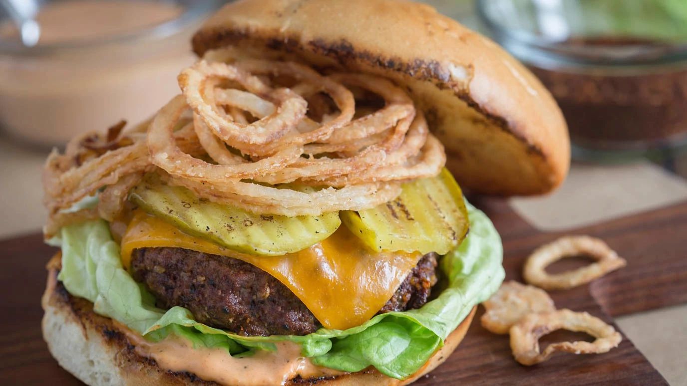 Cowboy Burger with Grilled Pickles & Crispy Onion Straws