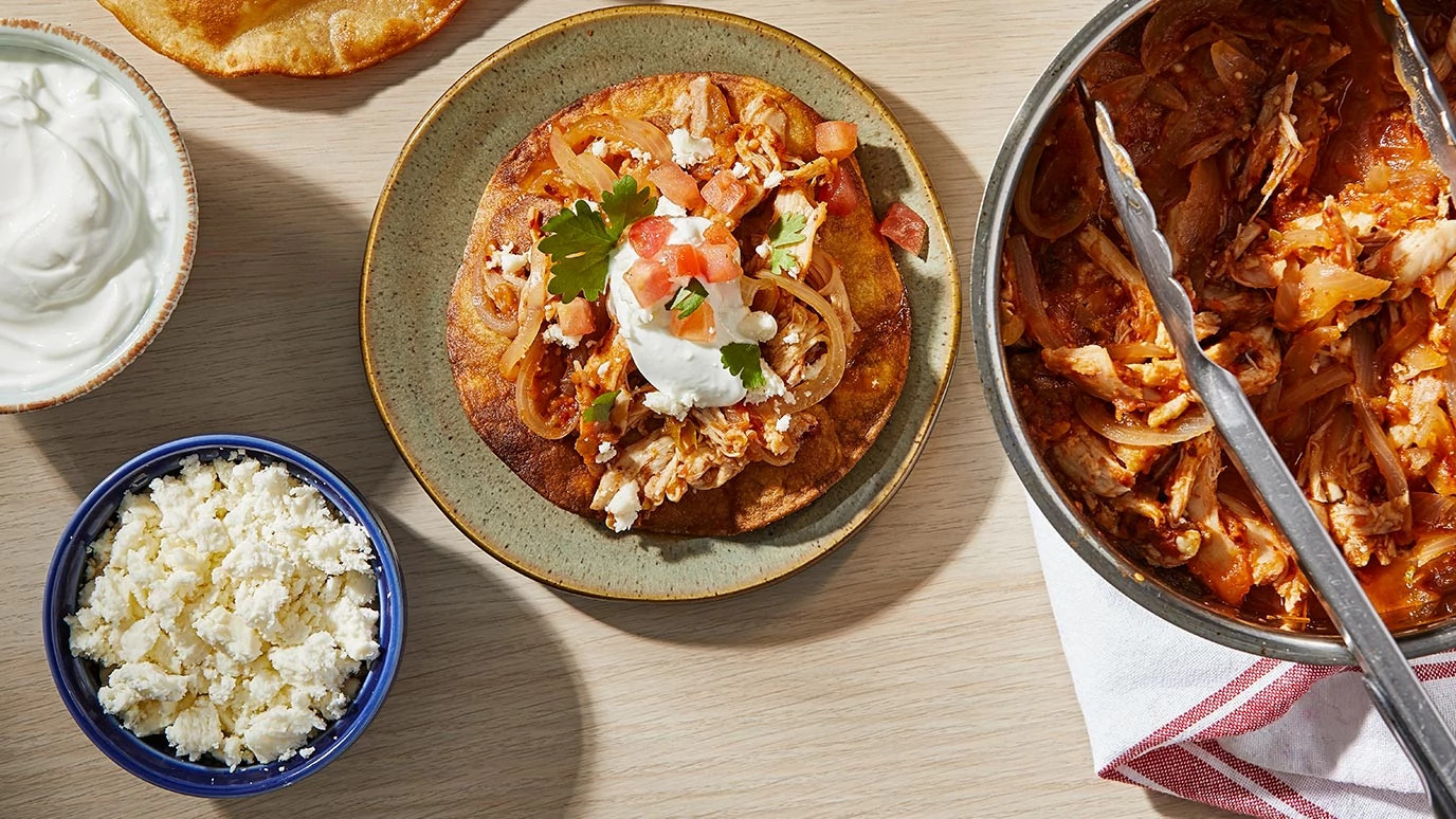 Tinga de Pollo Tacos with Avocado Lime Crema