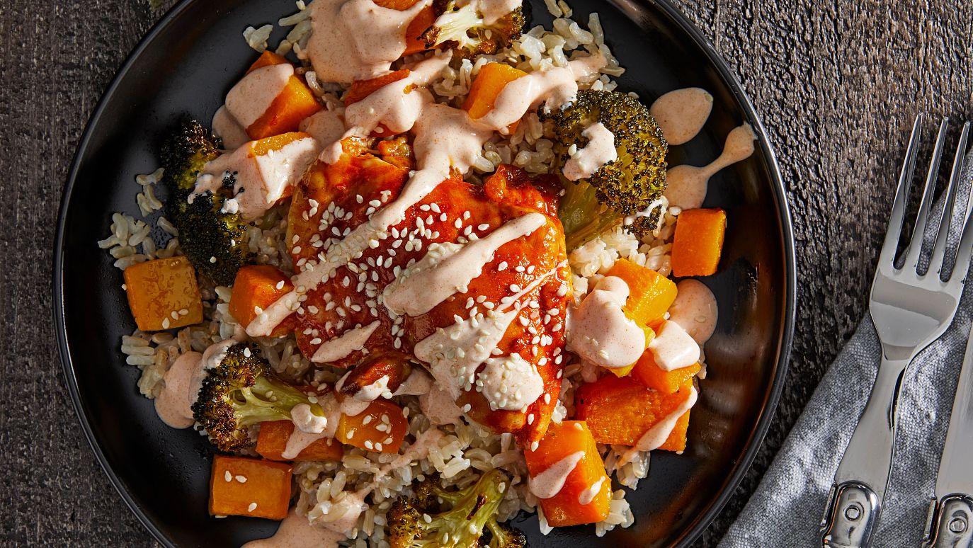 Tray Bake Buffalo Chicken Thighs Recipe with Butternut Squash & Broccoli