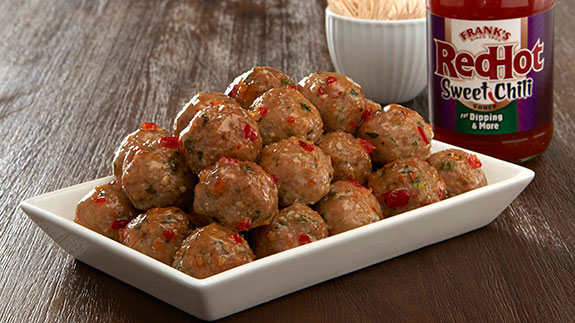 Sweet Chili BBQ Meatballs on a plate with Frank’s RedHot Sweet Chili sauce