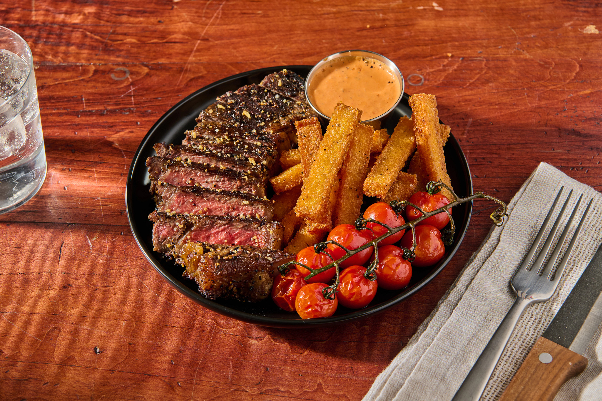 Cracked Pepper and Garlic Steak with Polenta Fries
