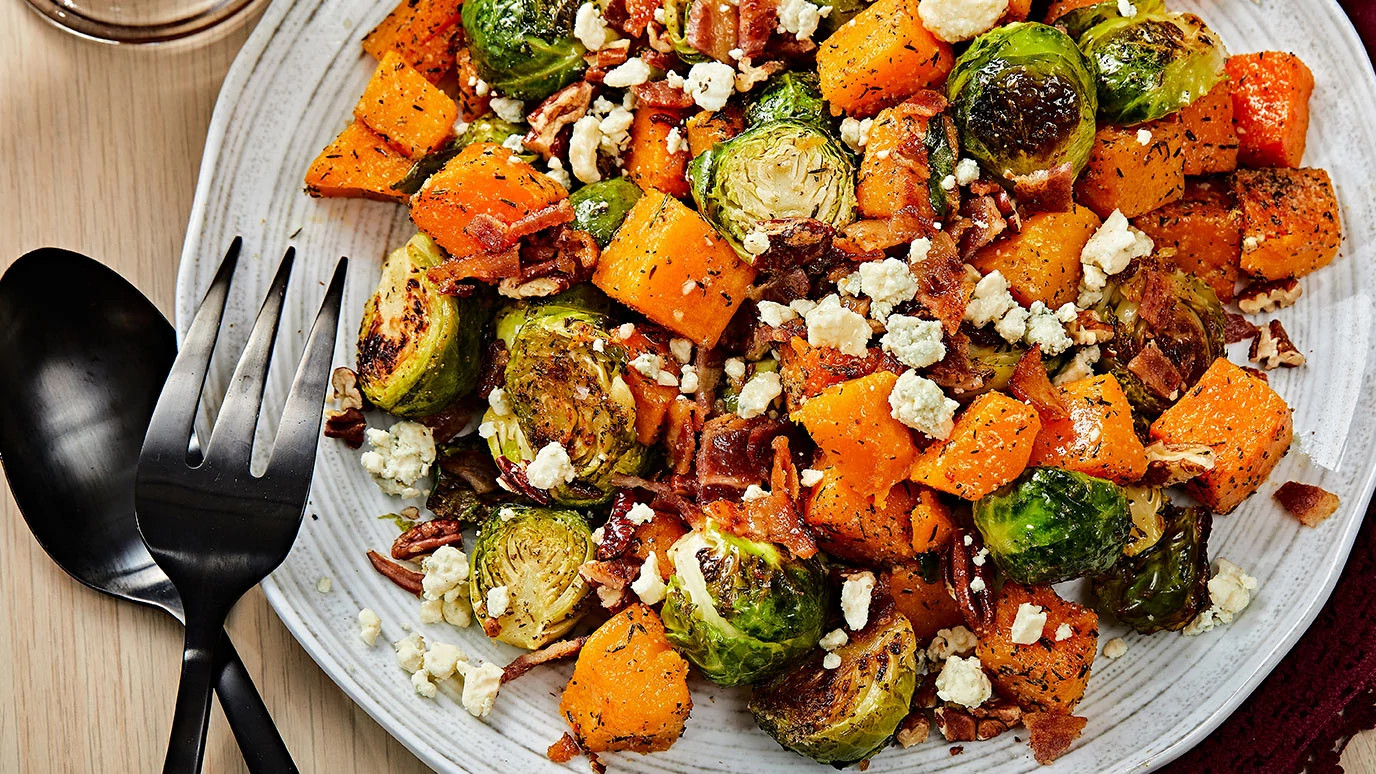 Roasted Brussels Sprouts with Bacon and Butternut Squash