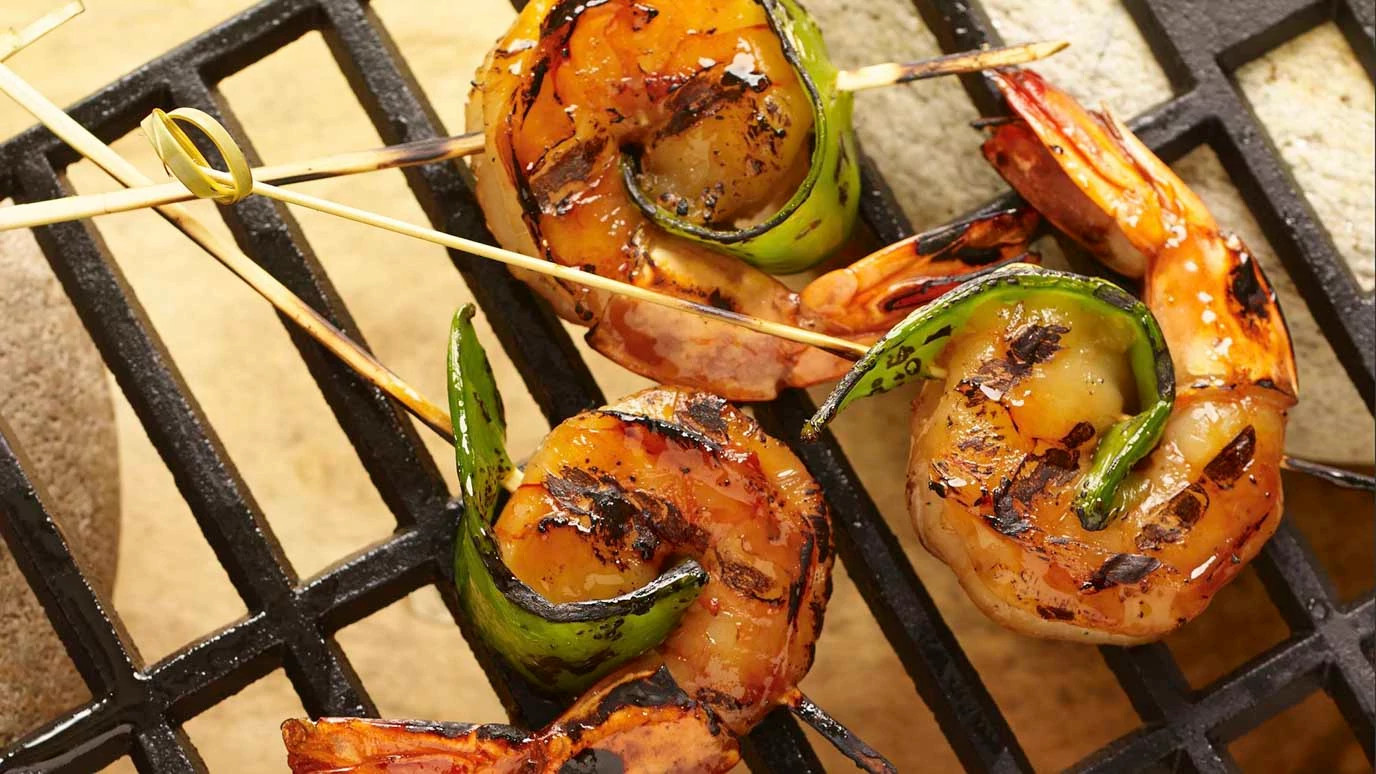 Grilled Sesame Ginger Shrimp Kabobs with Snow Peas