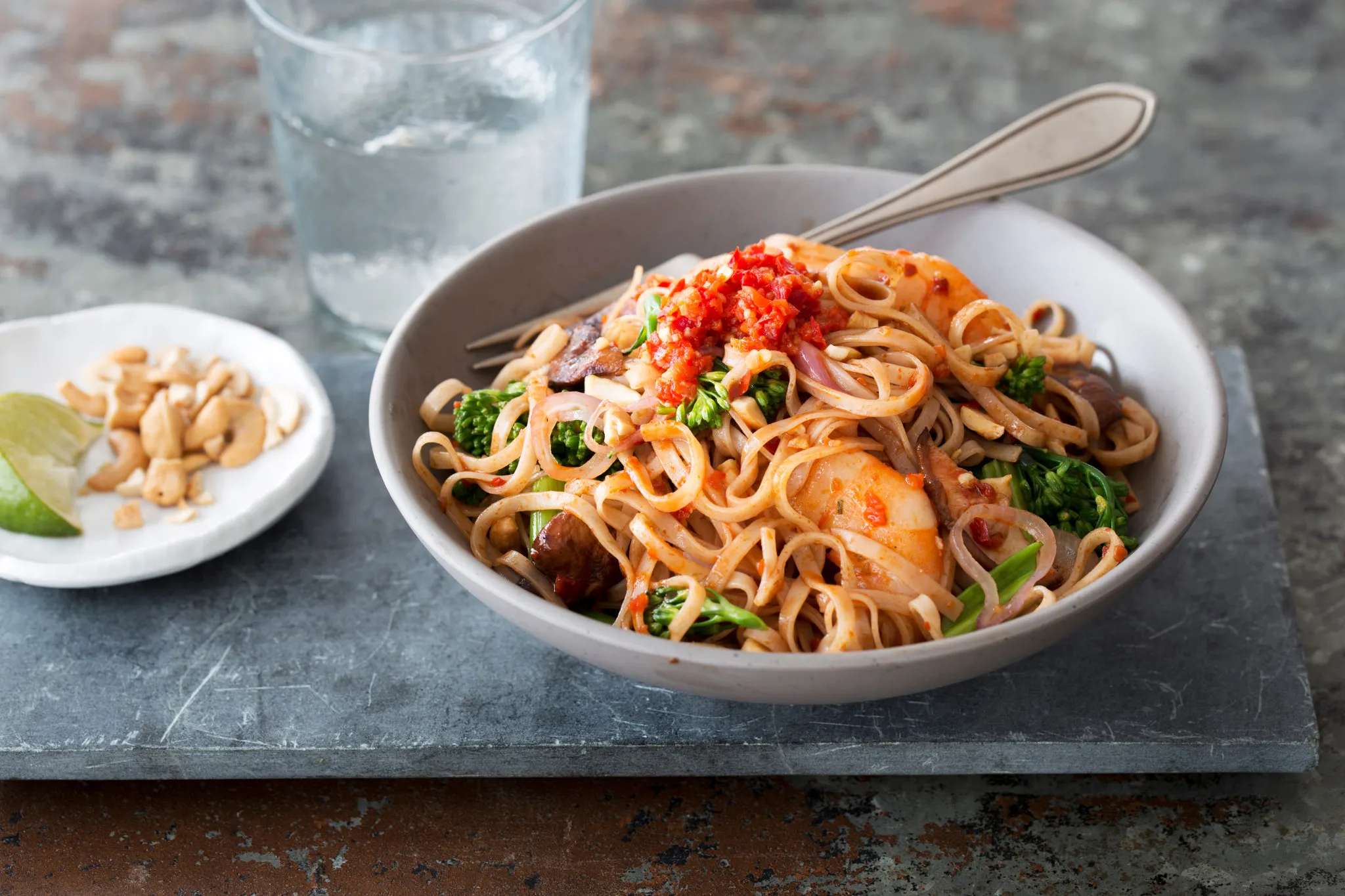 Sambal Noodles with Shrimp and Chinese Broccoli