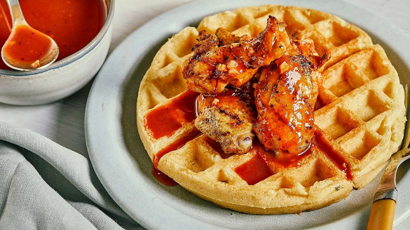 Beer Bar-B-Q Chicken and Cornbread Waffles