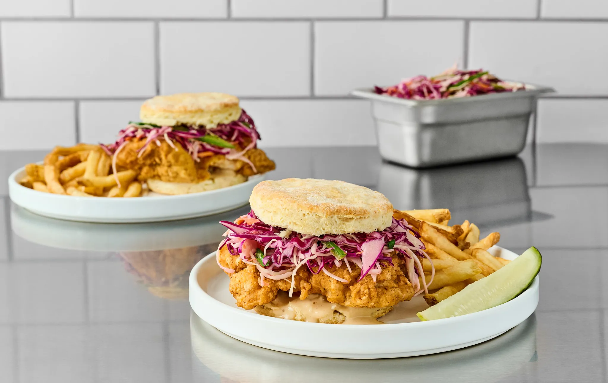 Smoky Fried Chicken Biscuit with Honey Pepper Slaw