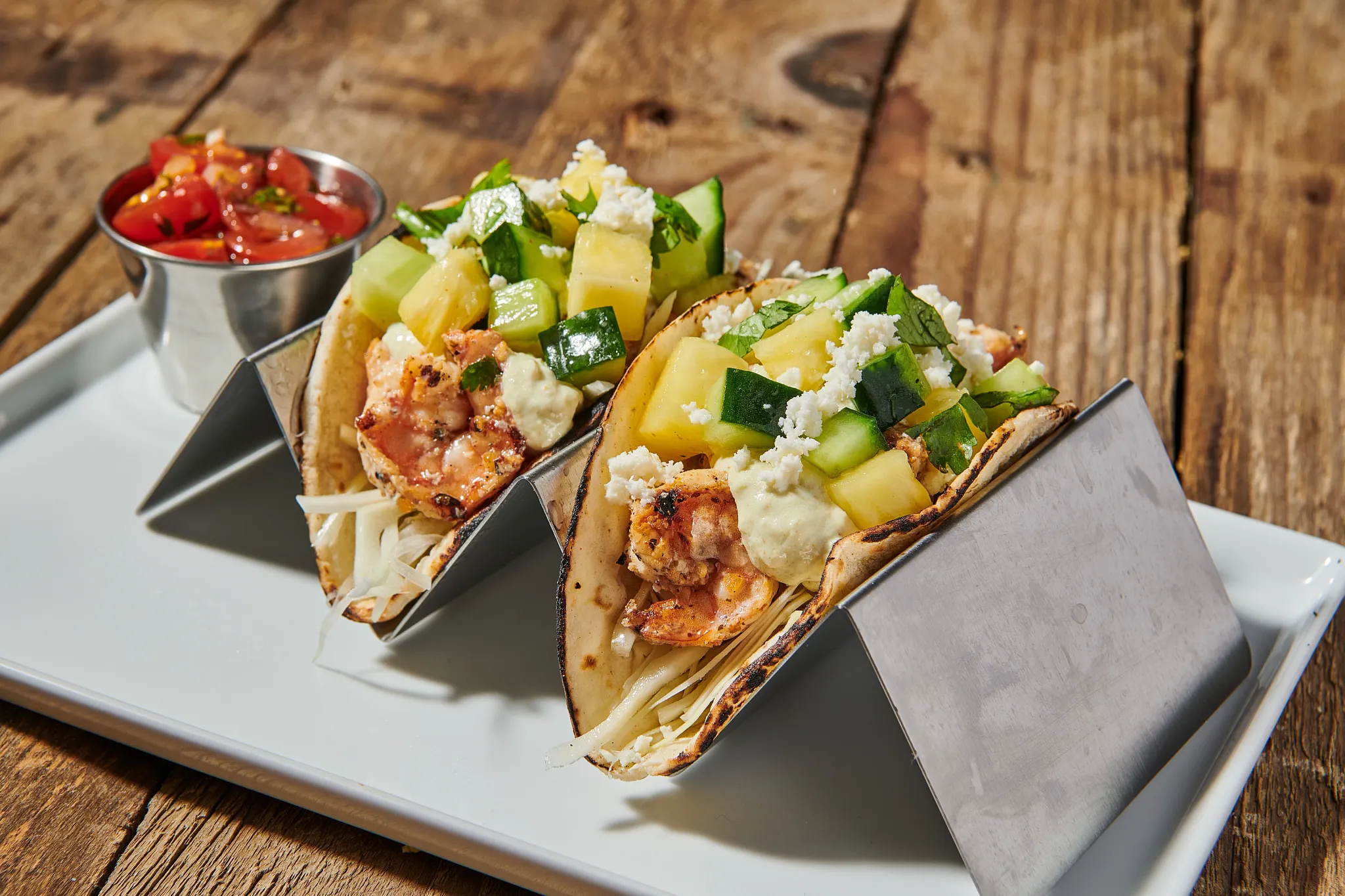 Cholula® Cucumber & Pineapple Shrimp Tacos