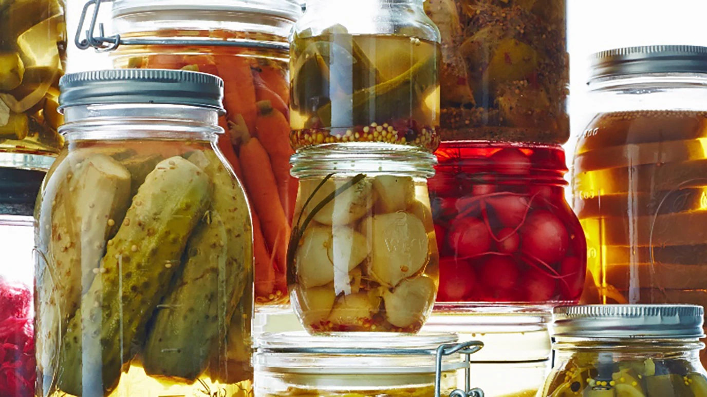 Various jars of pickled items