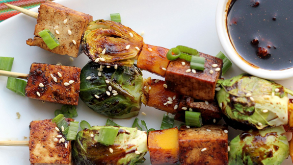 Tofu Butternut Squash and Brussels Sprout Skewers