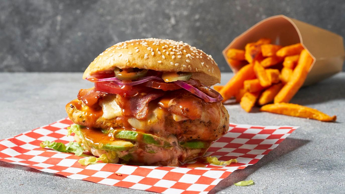 Spicy Grilled Chicken Cheeseburger with the Works