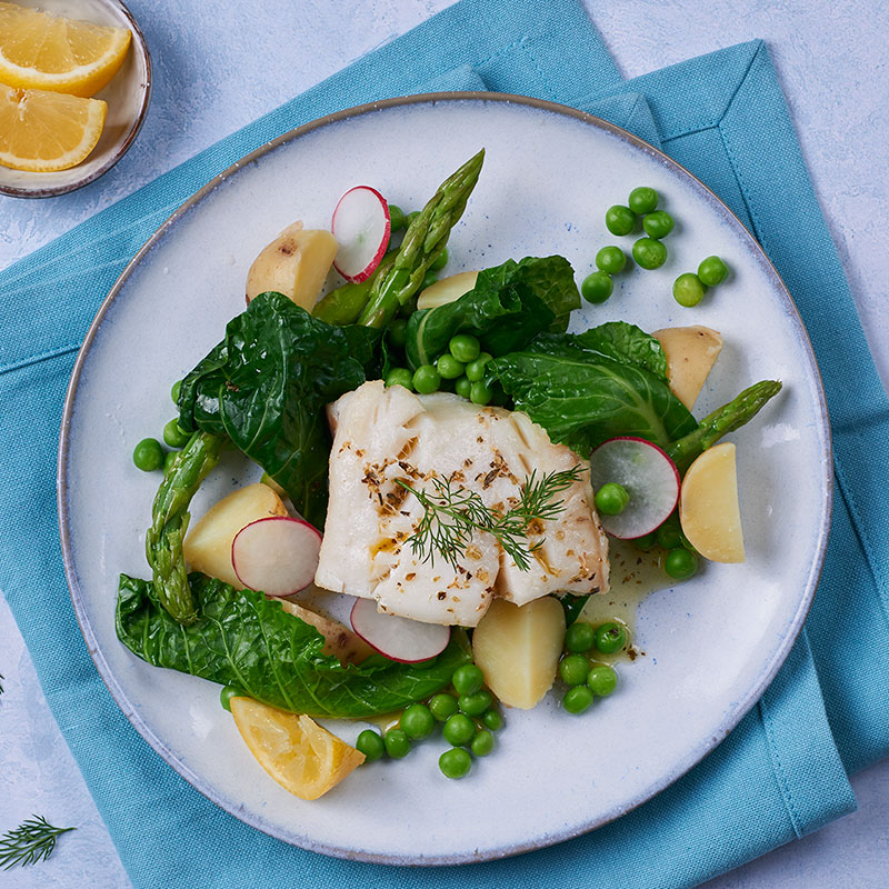 Cod with Herb Butter Sauce & Spring Vegetables