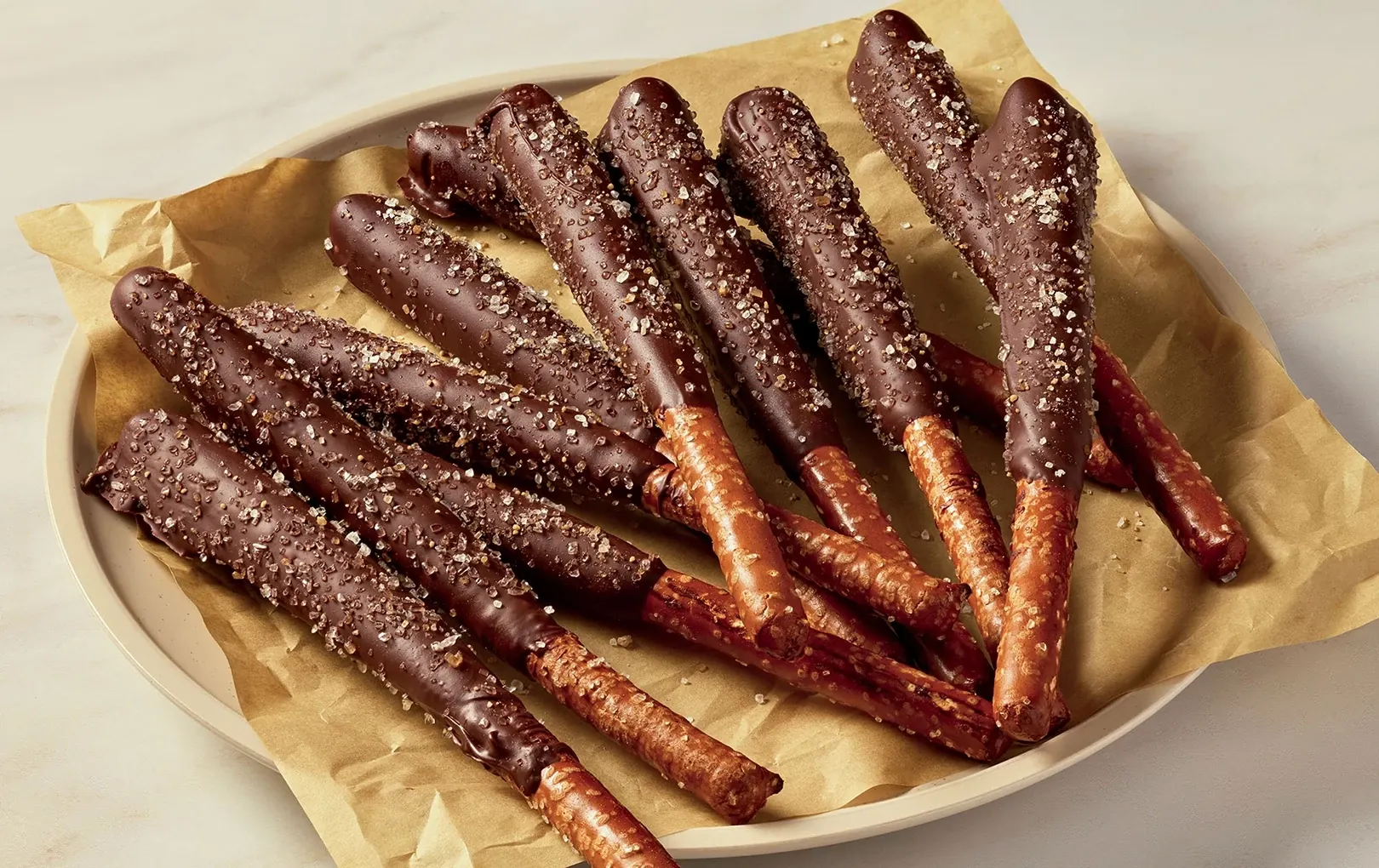 Chocolate Dipped Pretzels with Brown Butter Salt