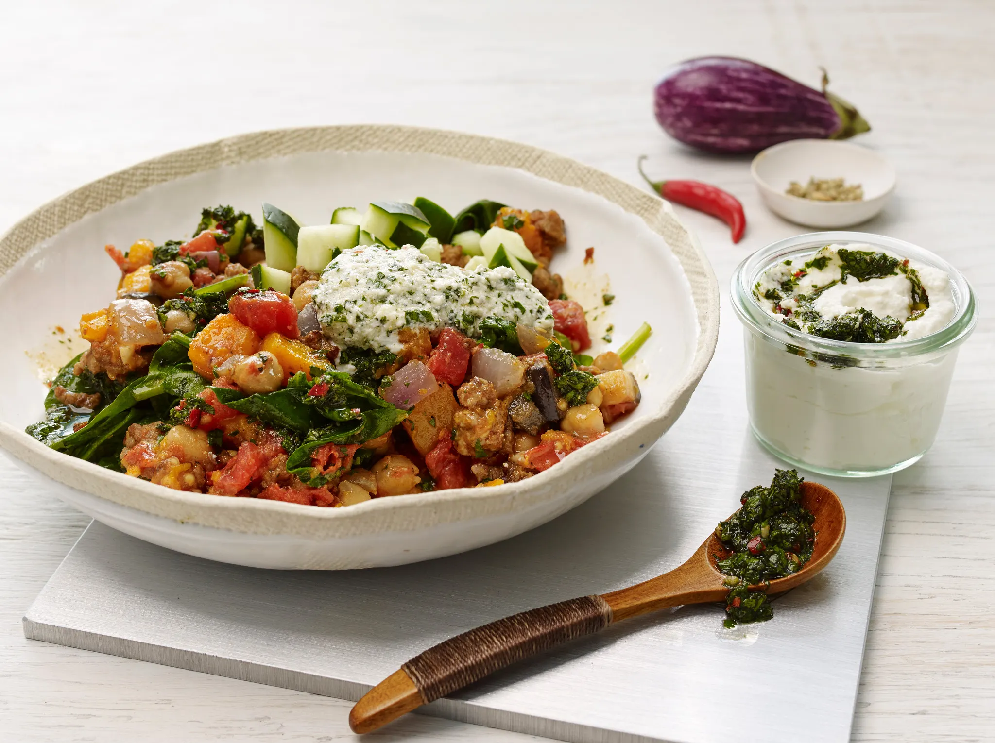 Chickpea and Ground Lamb Hash with Skhug Sauce