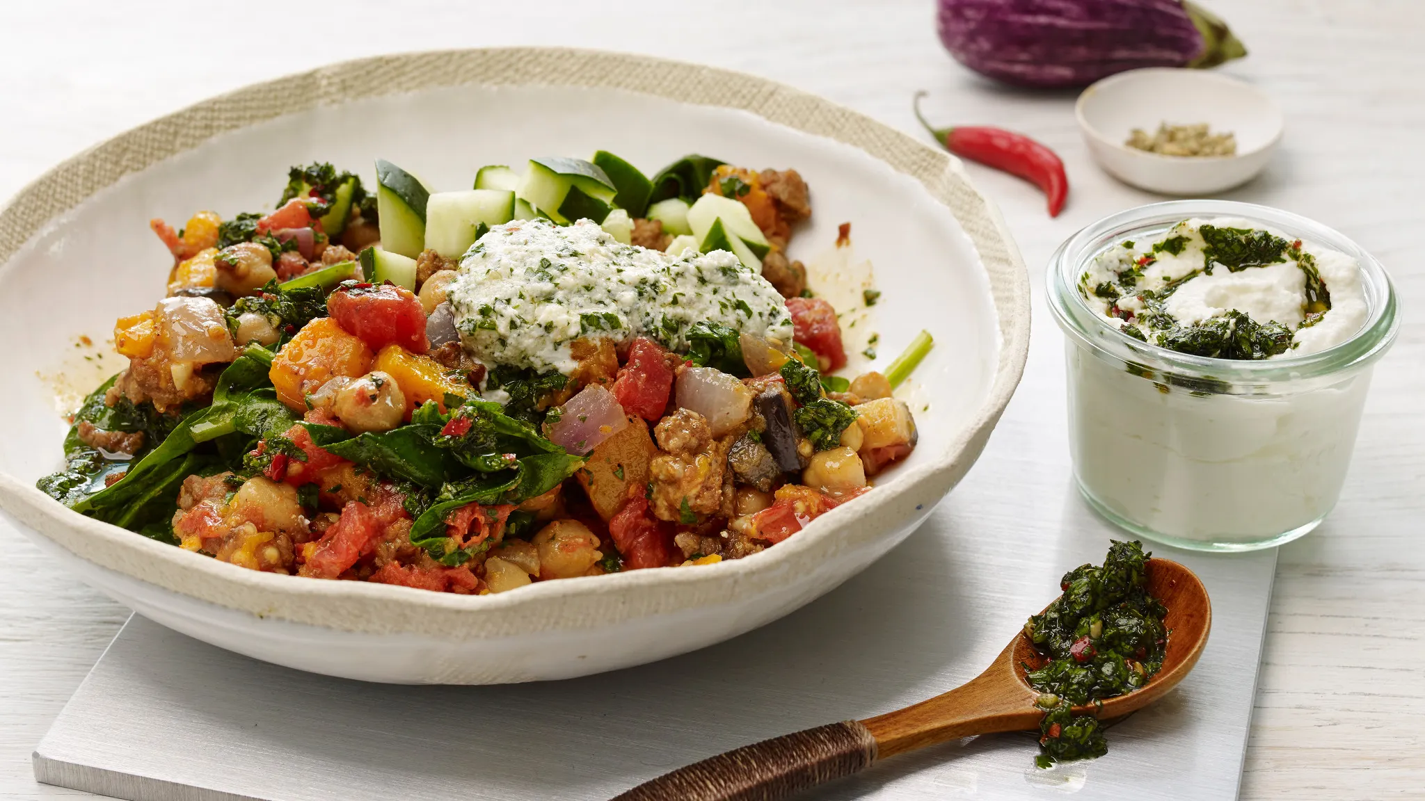 Chickpea and Ground Lamb Hash with Skhug Sauce