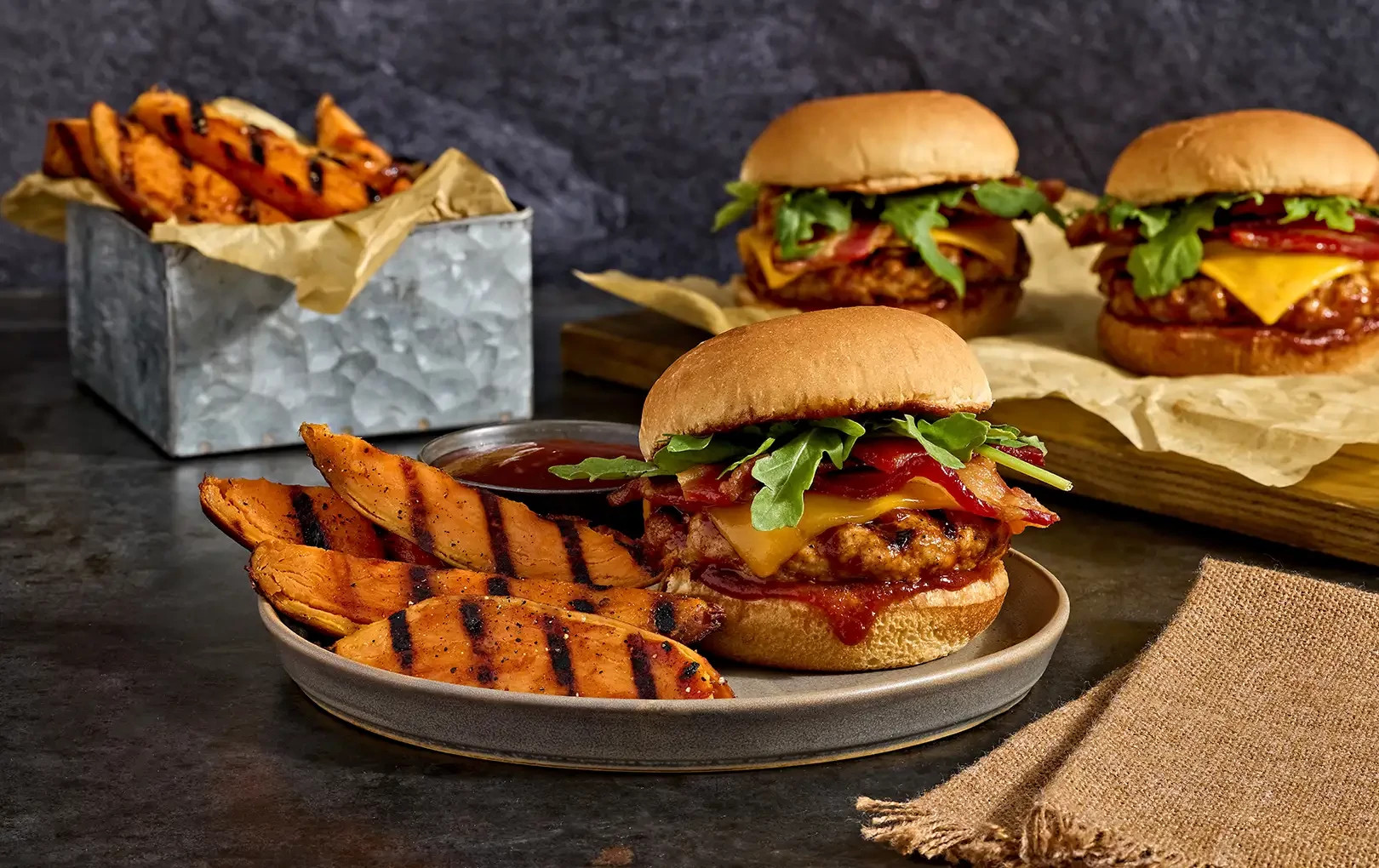 Whiskey Peach Burgers with Grilled Sweet Potato Wedges