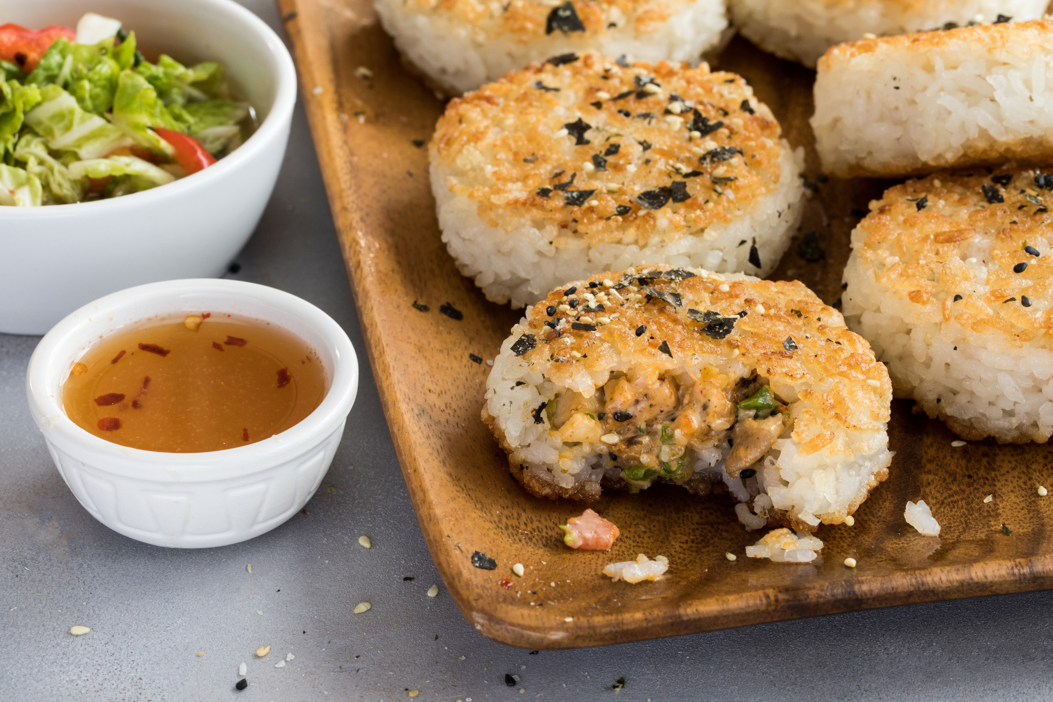 Sesame & 7 Spice Chicken Rice Balls with Kimchee