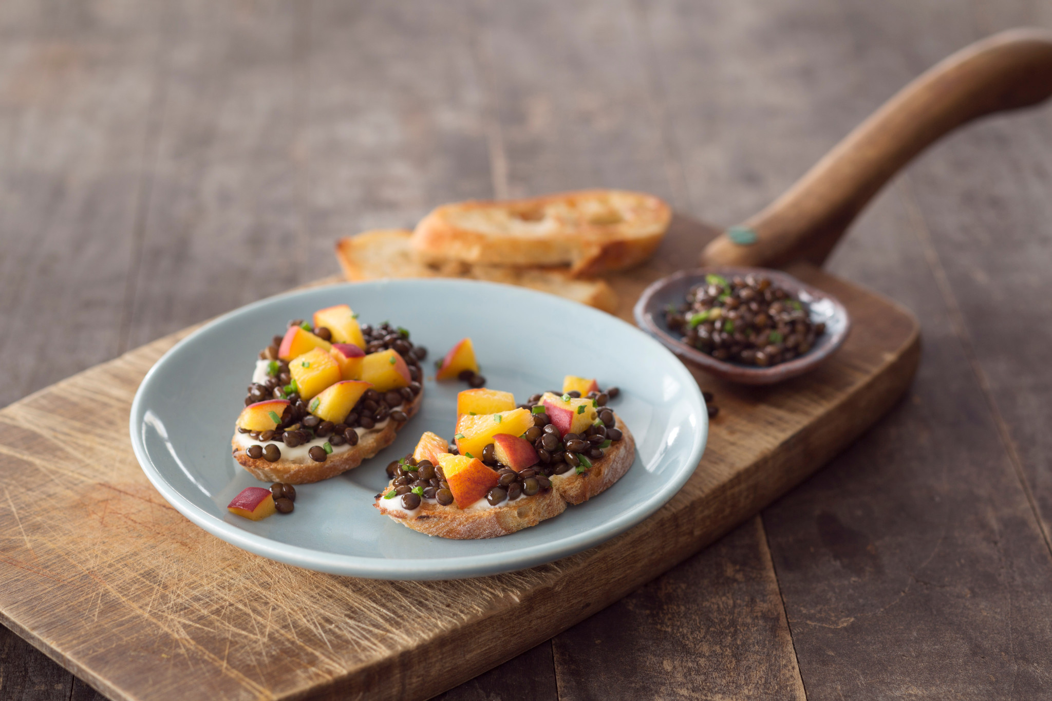 Pickled Peach and Black Beluga Lentil Toasts