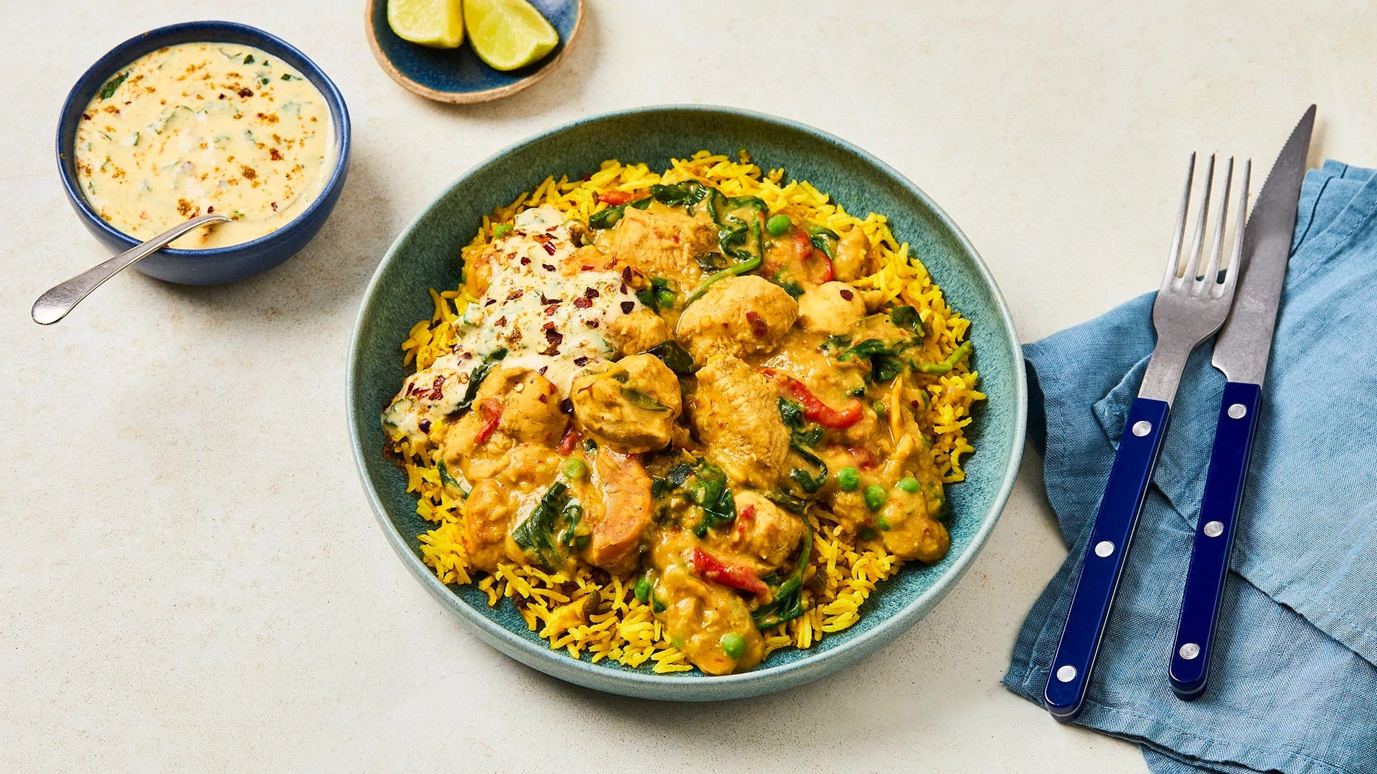 Chicken, Chilli & Lentil Curry with Lime Mango Yoghurt and Turmeric Spiced Rice