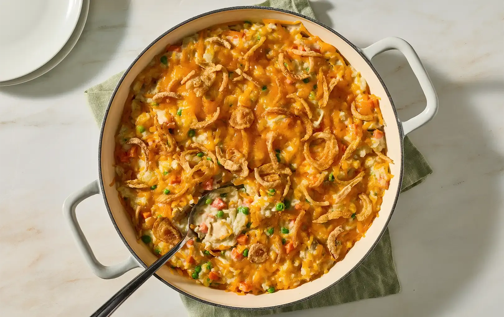 Crunchy & Cheesy Skillet Chicken Pot Pie Rice Casserole