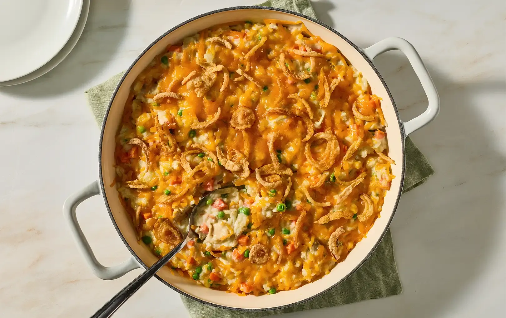 Crunchy & Cheesy Skillet Chicken Pot Pie Rice Casserole